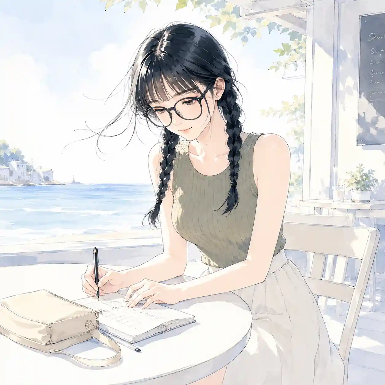 海辺のカフェでメモを取る女子