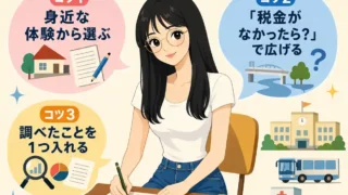 若い女性が机で作文を書き、周囲の吹き出しに「税の作文のコツ」3点を示した、レトロ調の正方形インフォグラフィック。