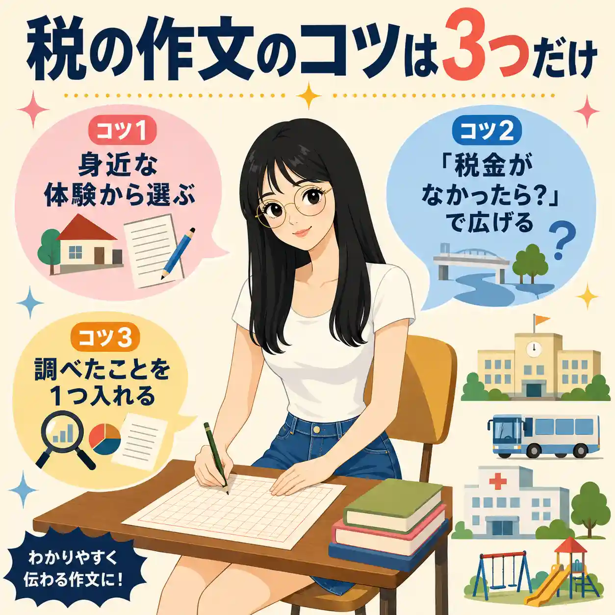 若い女性が机で作文を書き、周囲の吹き出しに「税の作文のコツ」3点を示した、レトロ調の正方形インフォグラフィック。