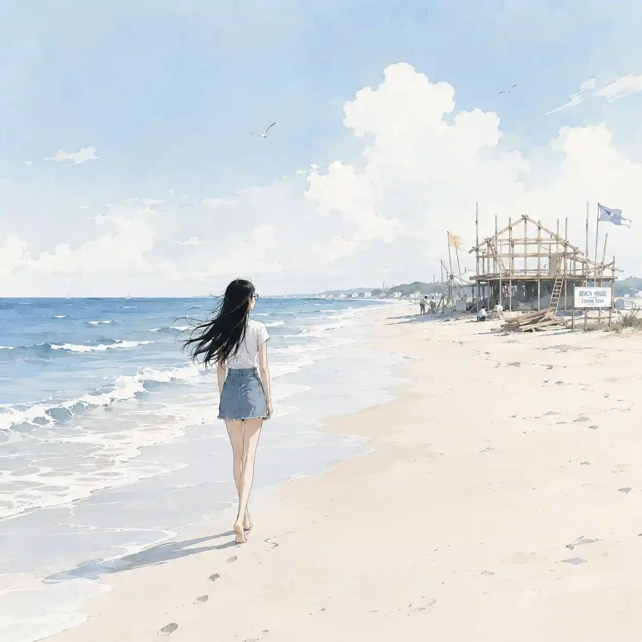 浜辺を歩く女子