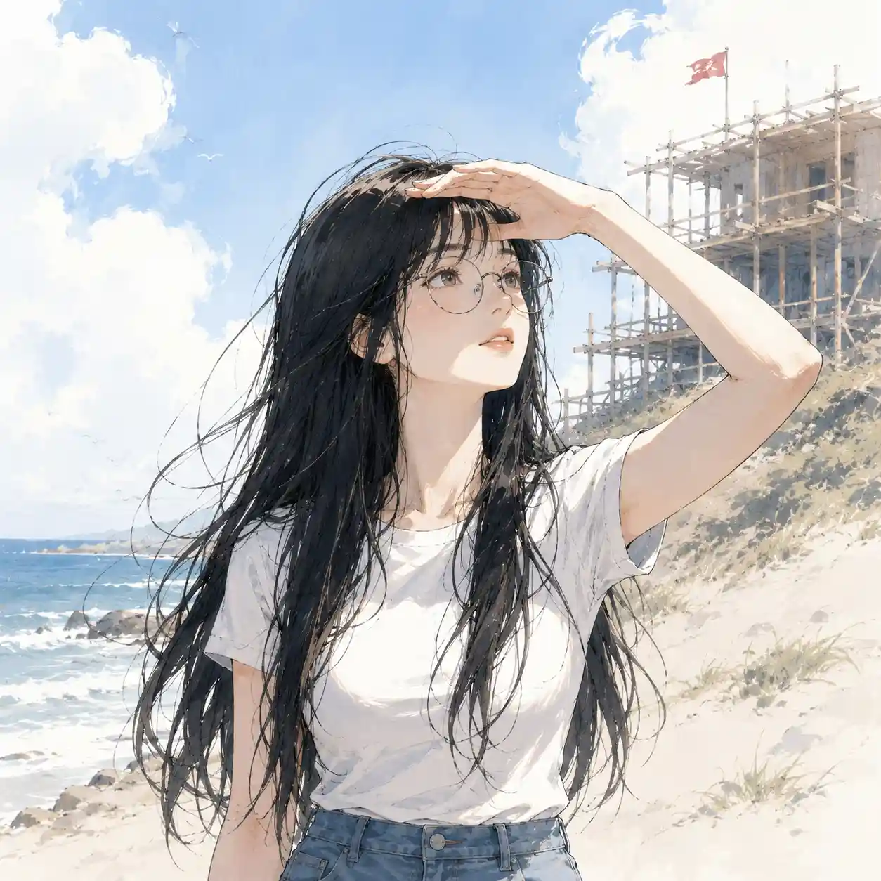 海の家を見上げる女子