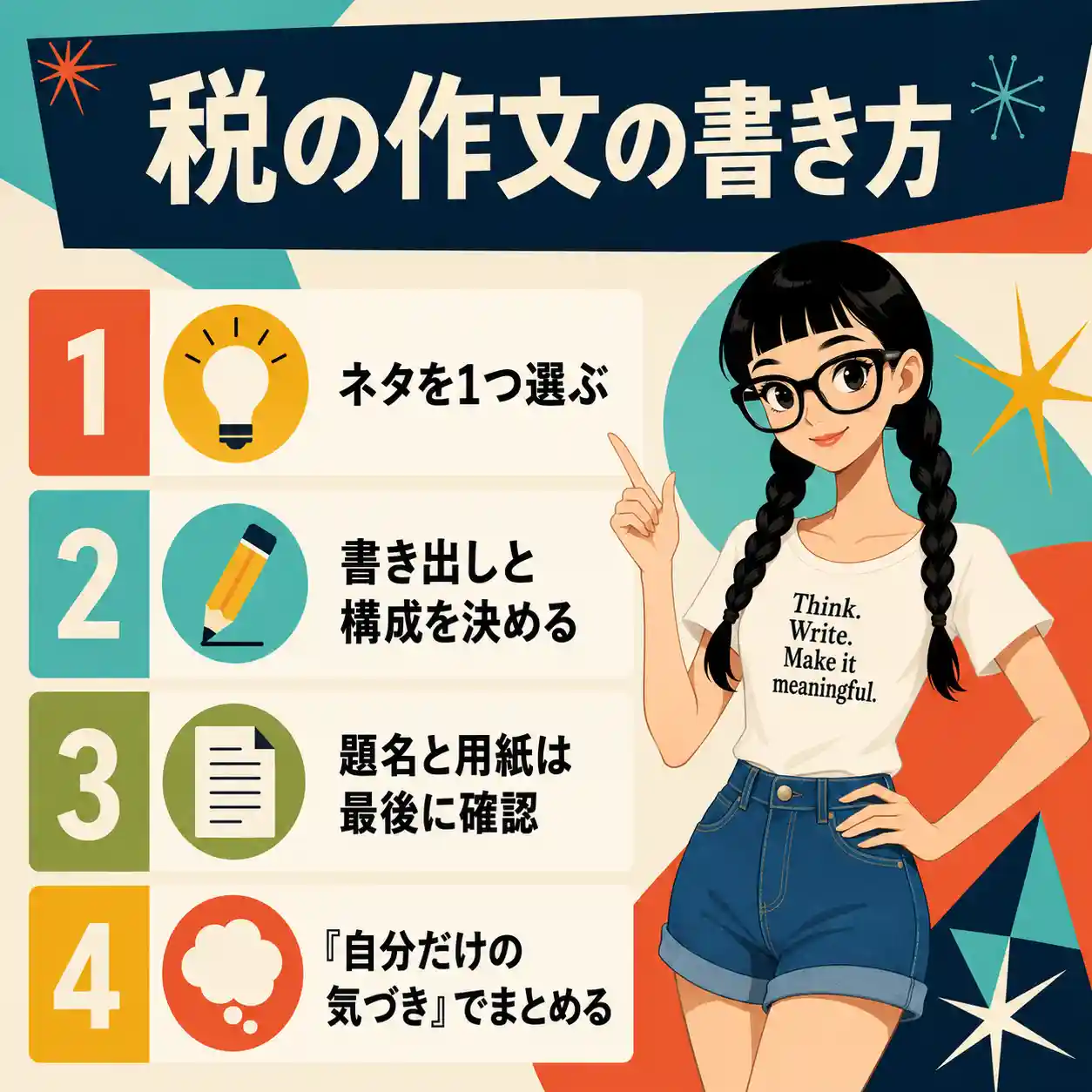 税の作文の書き方を4ステップで示したインフォグラフィック。三つ編みの若い女性が、ネタ選び、構成、題名確認、気づきのまとめを案内している。