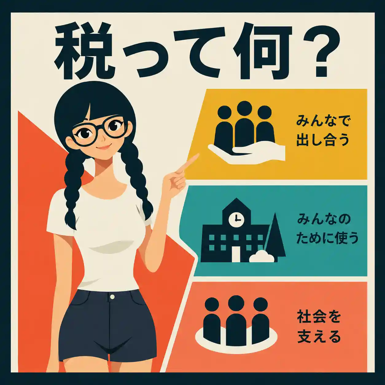 「税って何？」をテーマに、若い女性が「みんなで出し合う」「みんなのために使う」「社会を支える」の3つを示すインフォグラフィック