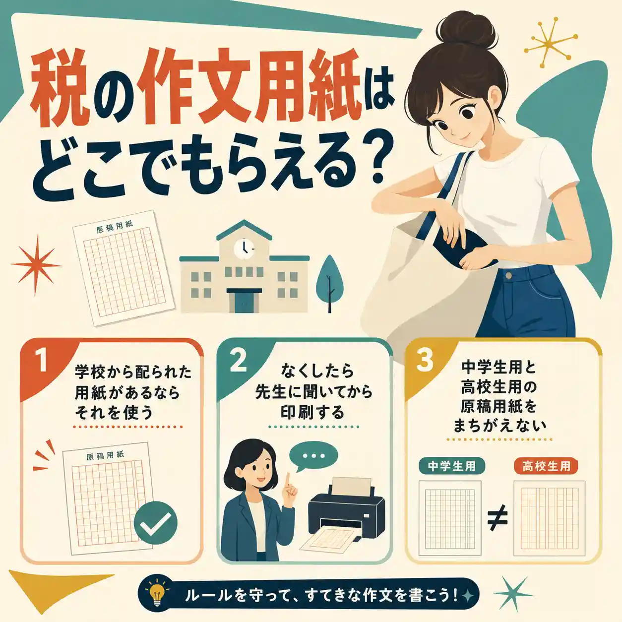 税の作文用紙を探す女性と、学校配布の用紙を使うこと、なくした場合は先生に確認して印刷すること、中学生用と高校生用をまちがえないことを説明したインフォグラフィック