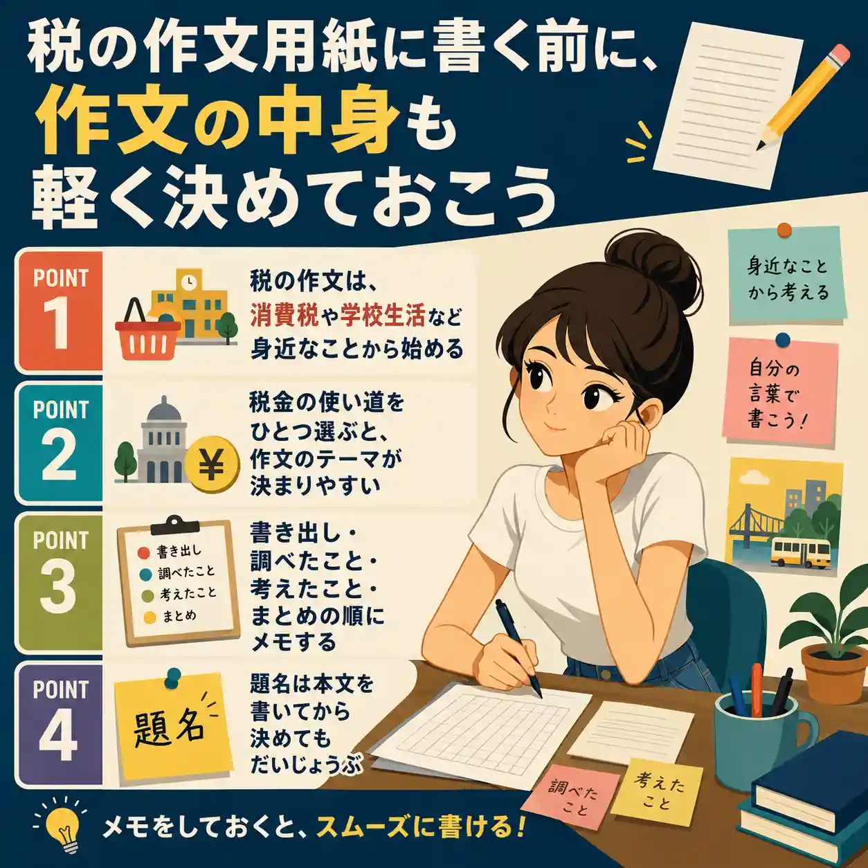 税の作文用紙に書く前に、消費税や学校生活など身近なテーマ、税金の使い道、書く順番をメモして考える女性のインフォグラフィック