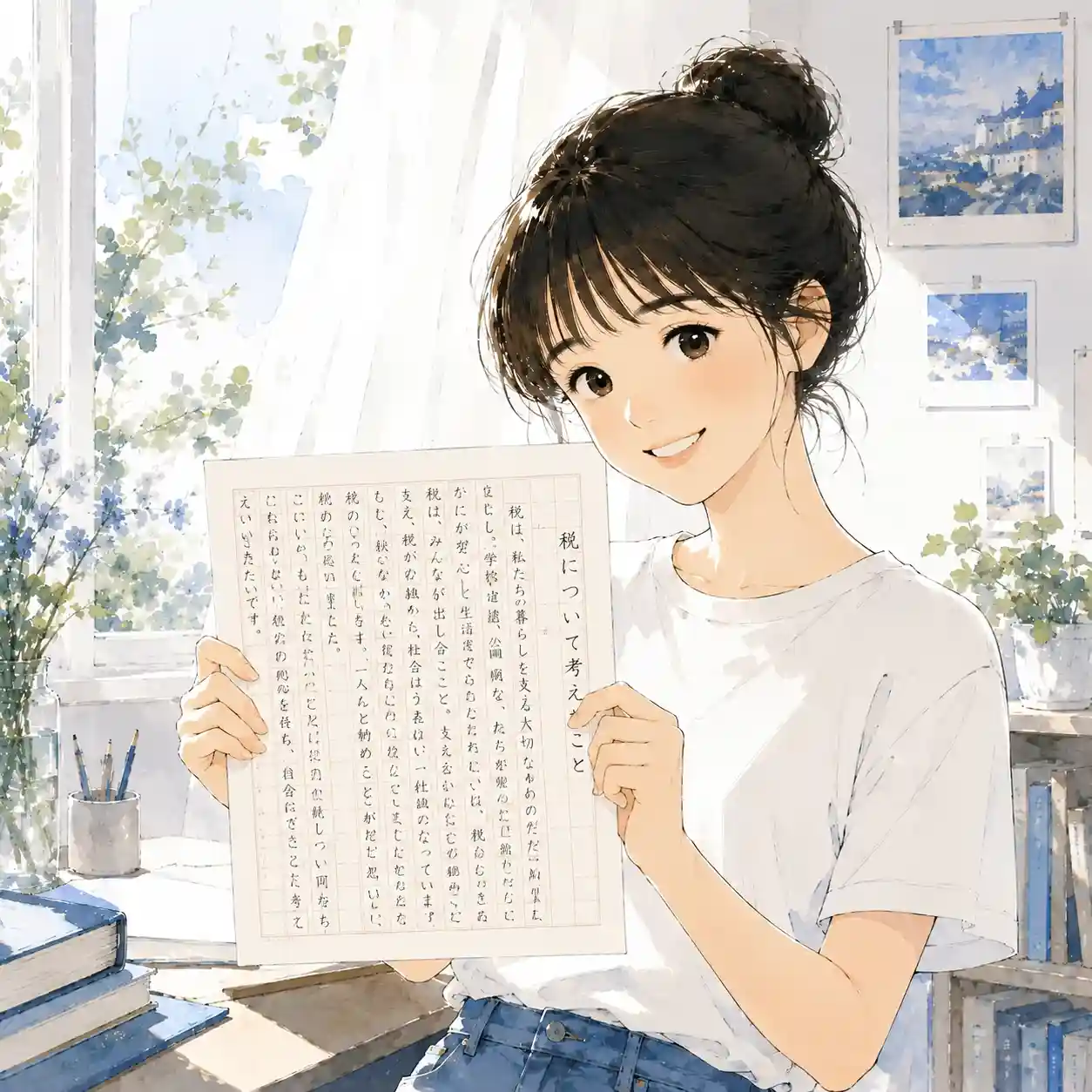 書き終わって笑顔の女子
