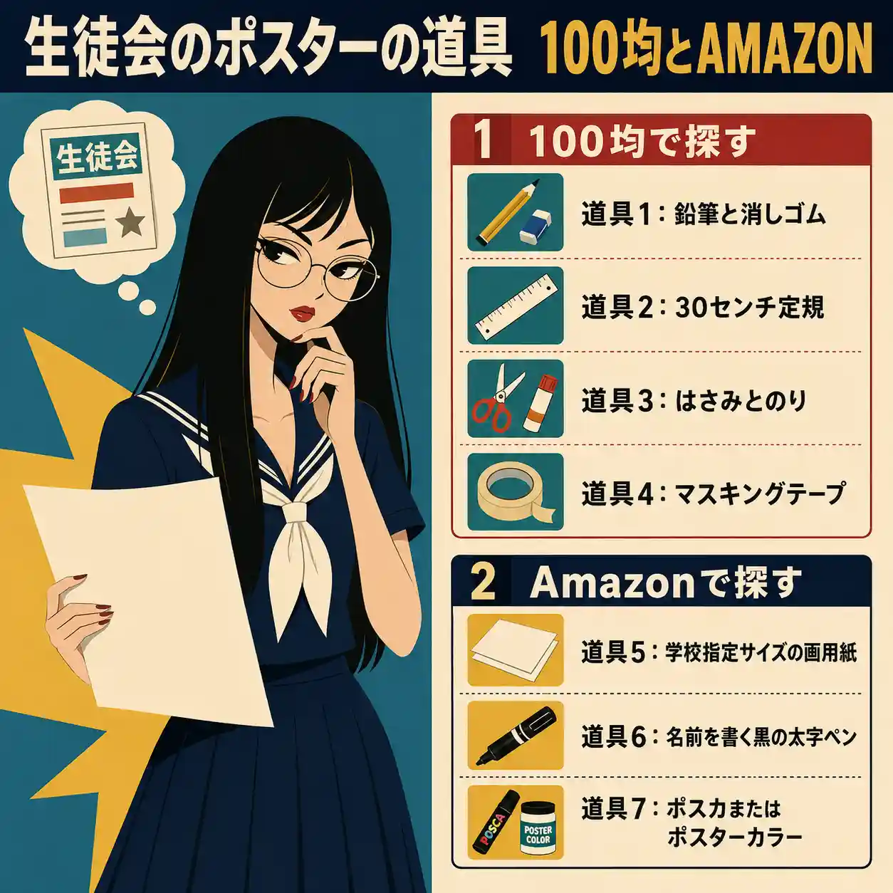 生徒会ポスター作りに必要な道具を、100均とAmazonに分けて紹介するインフォグラフィック