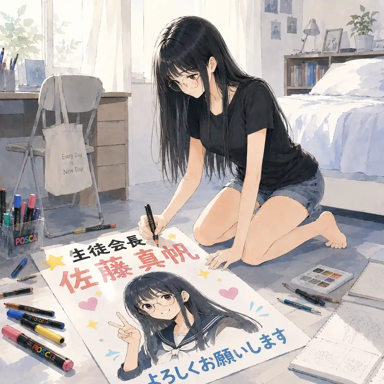 ポスターの仕上げにかかっている女子