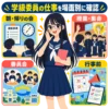 学級委員が号令をかけ、朝と帰りの会、授業や集会、委員会、学校行事での仕事を紹介するイラスト。