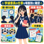 学級委員が号令をかけ、朝と帰りの会、授業や集会、委員会、学校行事での仕事を紹介するイラスト。