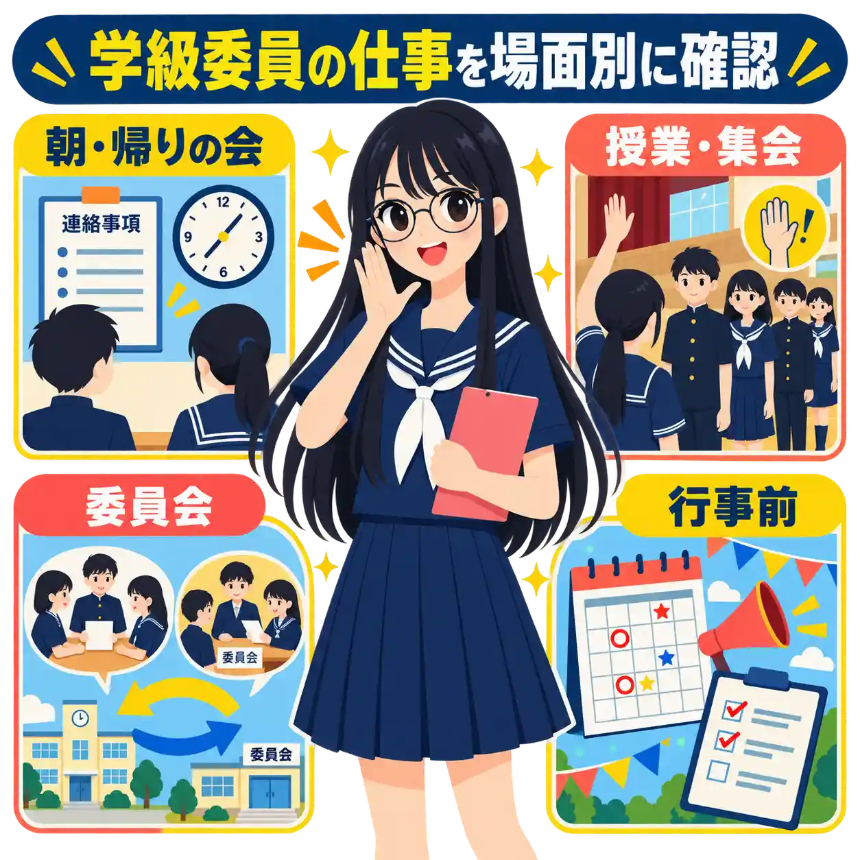 学級委員が号令をかけ、朝と帰りの会、授業や集会、委員会、学校行事での仕事を紹介するイラスト。