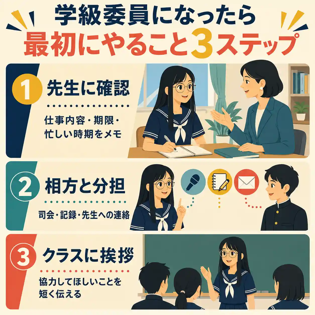 学級委員になったら最初にやることとして、先生への確認、相方との分担、クラスへの挨拶の3ステップを示した図
