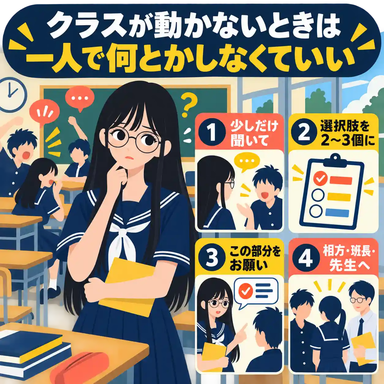 騒ぐクラスメートへの対応に悩む学級委員と、一人で抱え込まないための4つの対処法を示したイラスト。