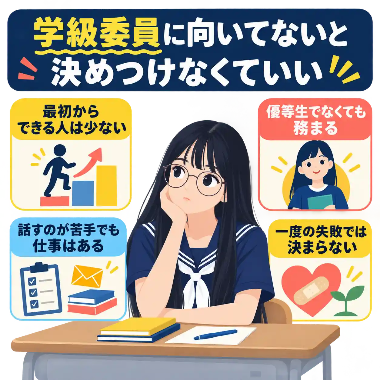 学級委員に向いていないと悩み、教室の机で頬づえをつく女子中学生と4つの助言を示した図解