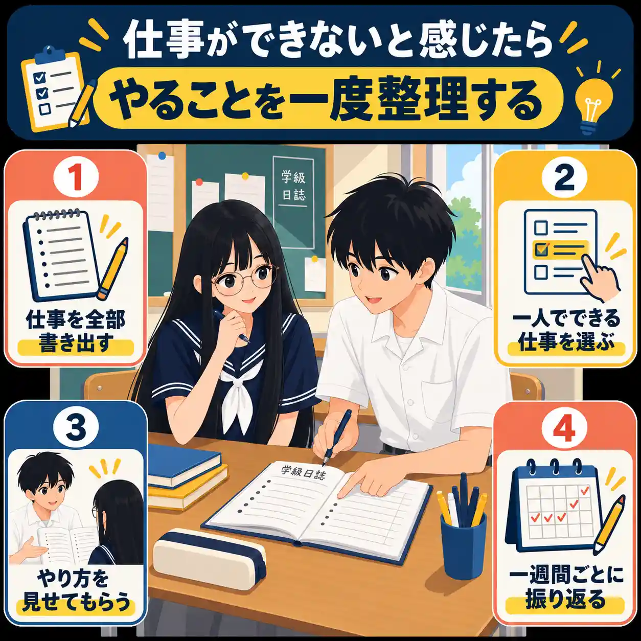 男子の学級委員に日誌の書き方を教わり、仕事を整理する女子生徒