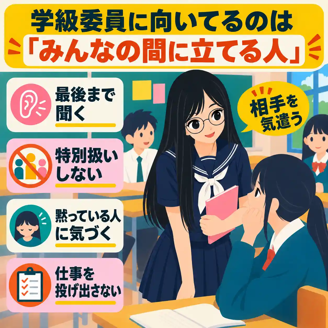 黒髪ロングの女性が生徒の話を聞く、学級委員に向いている人の特徴をまとめたインフォグラフィック