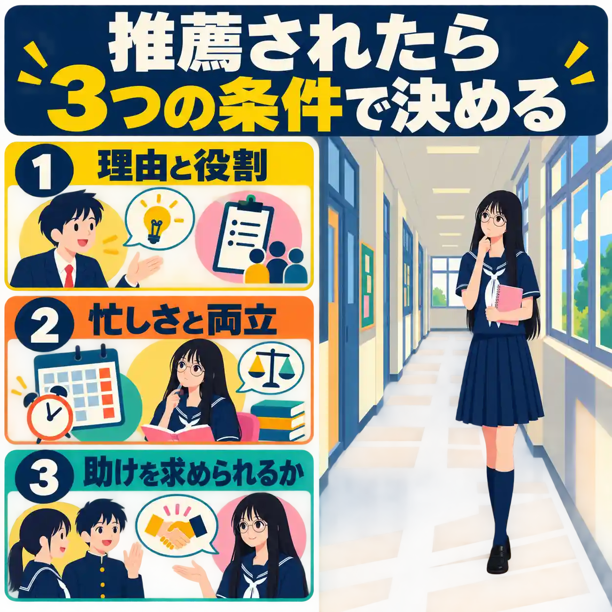 学級委員に推薦されたときの3つの判断条件と、廊下で悩む女子生徒のイラスト