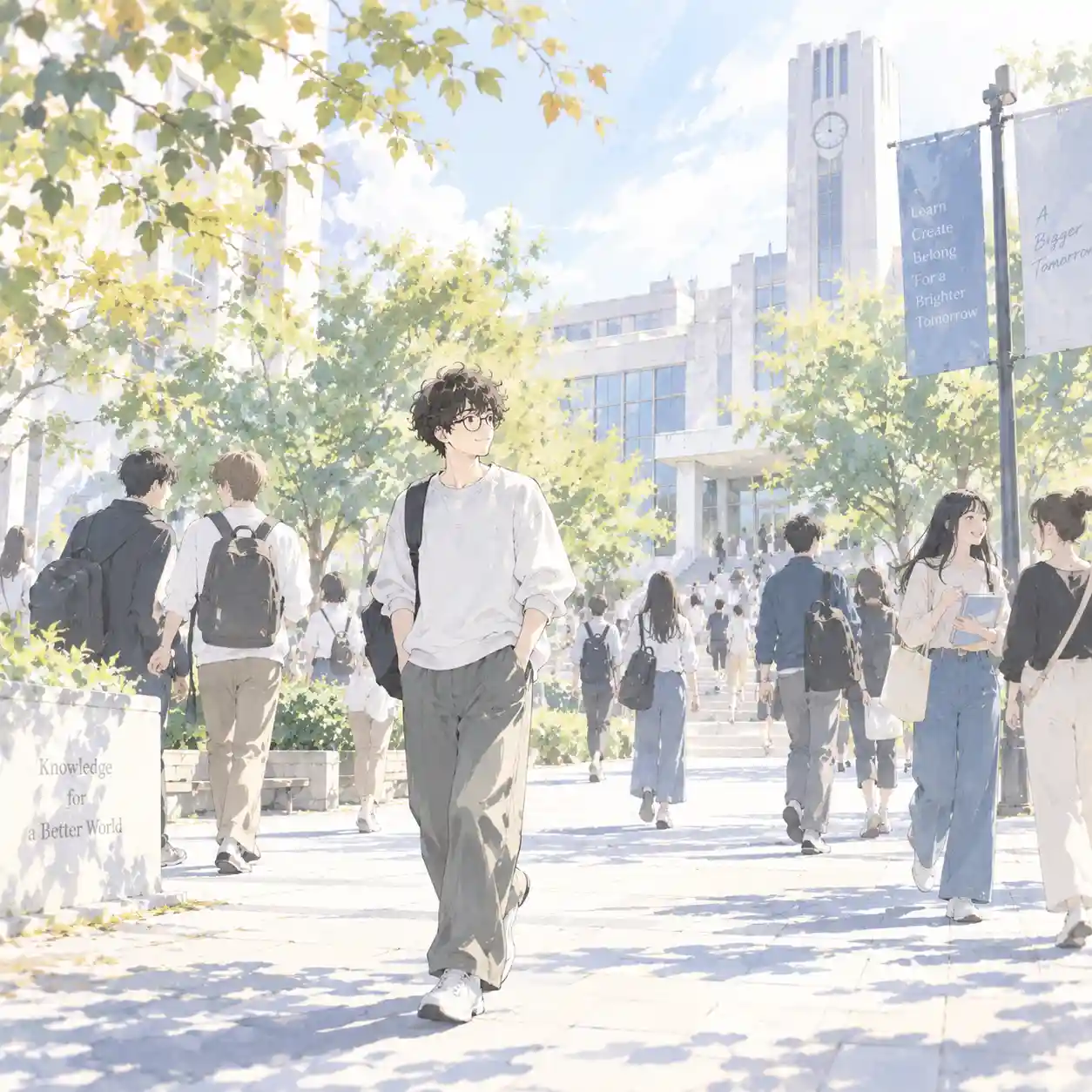 大学キャンパスを歩く男子生徒
