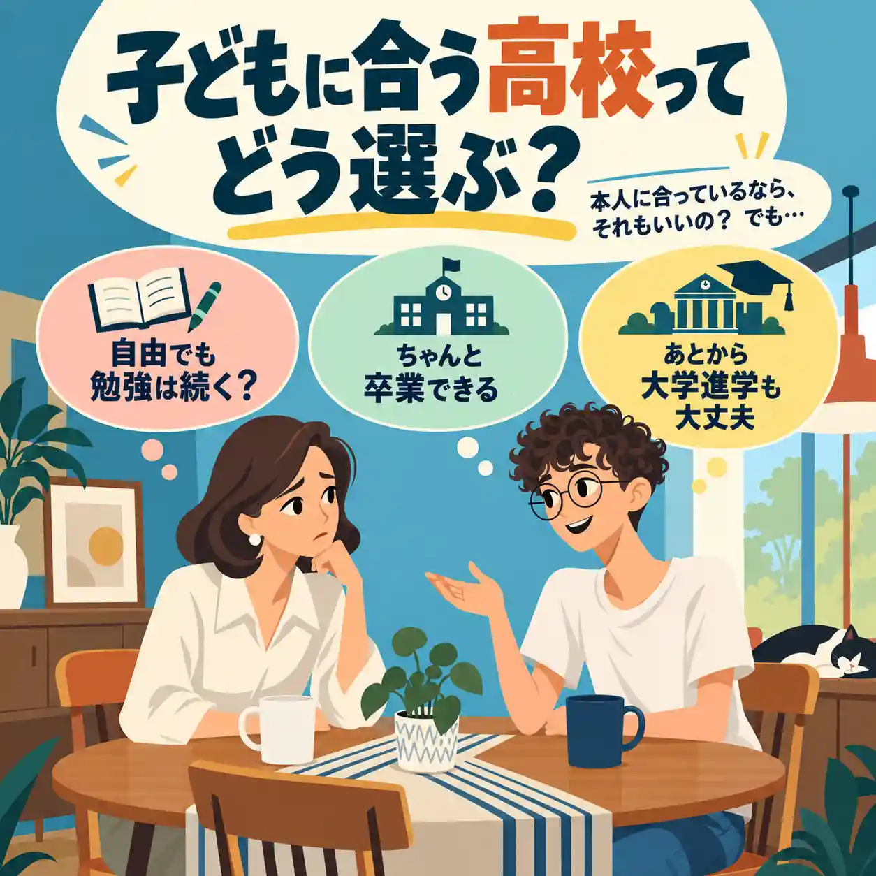 高校選びについて、勉強や卒業、進路への不安を話し合う母親と男子生徒のイラスト