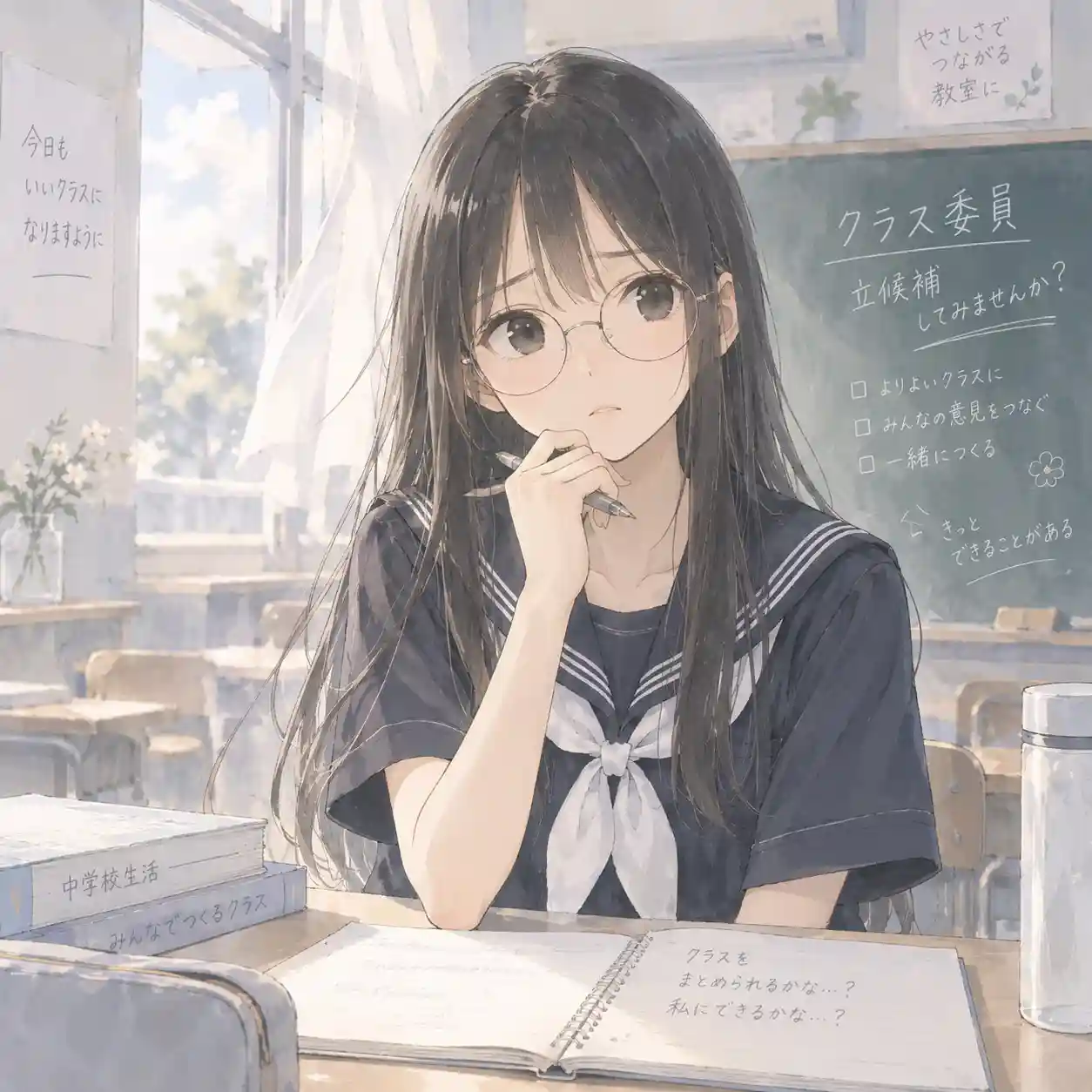 学級委員に立候補するか教室で悩んでいる中学生の女子