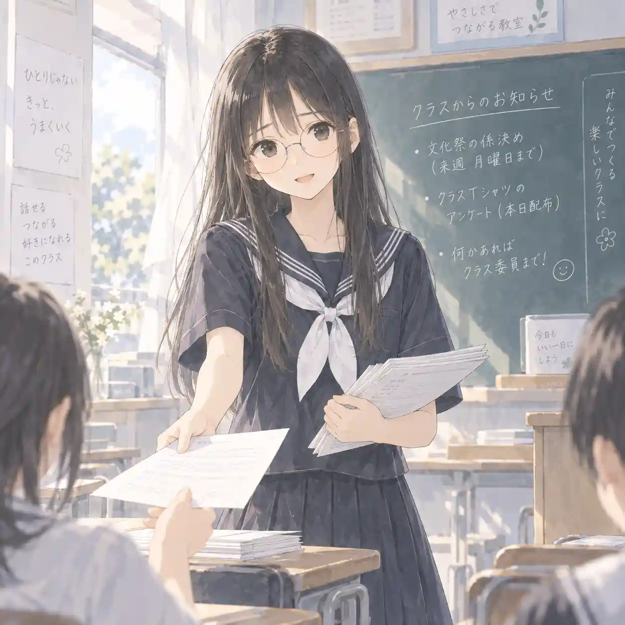 学級委員として教室でプリントを配る中学生の女子