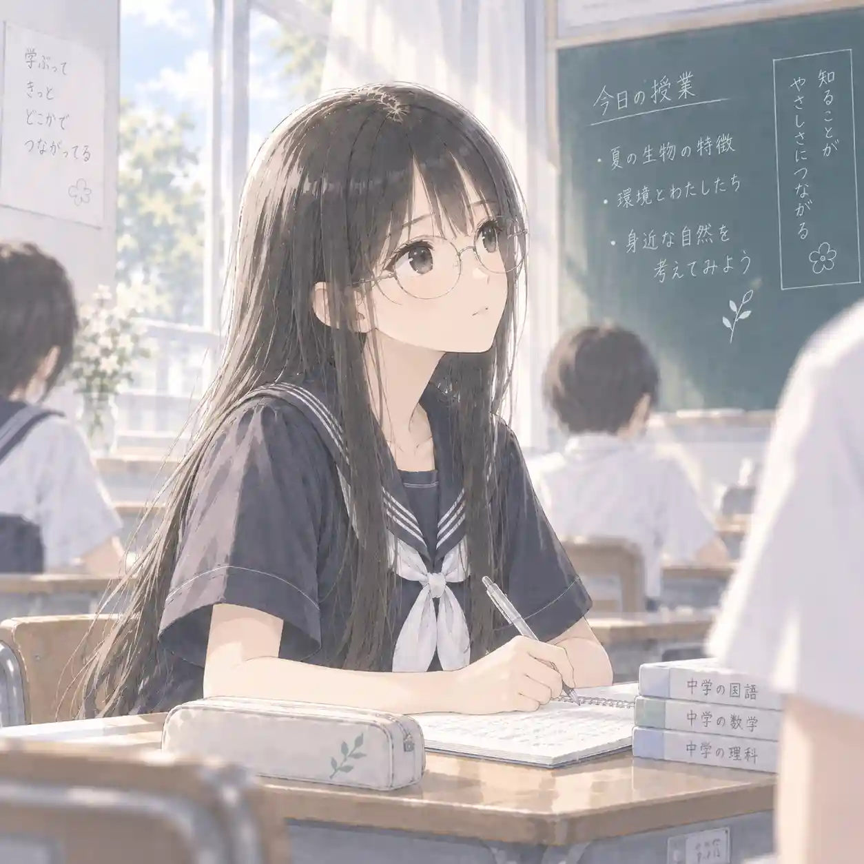 教室で話を聞きながら考える中学生の女子