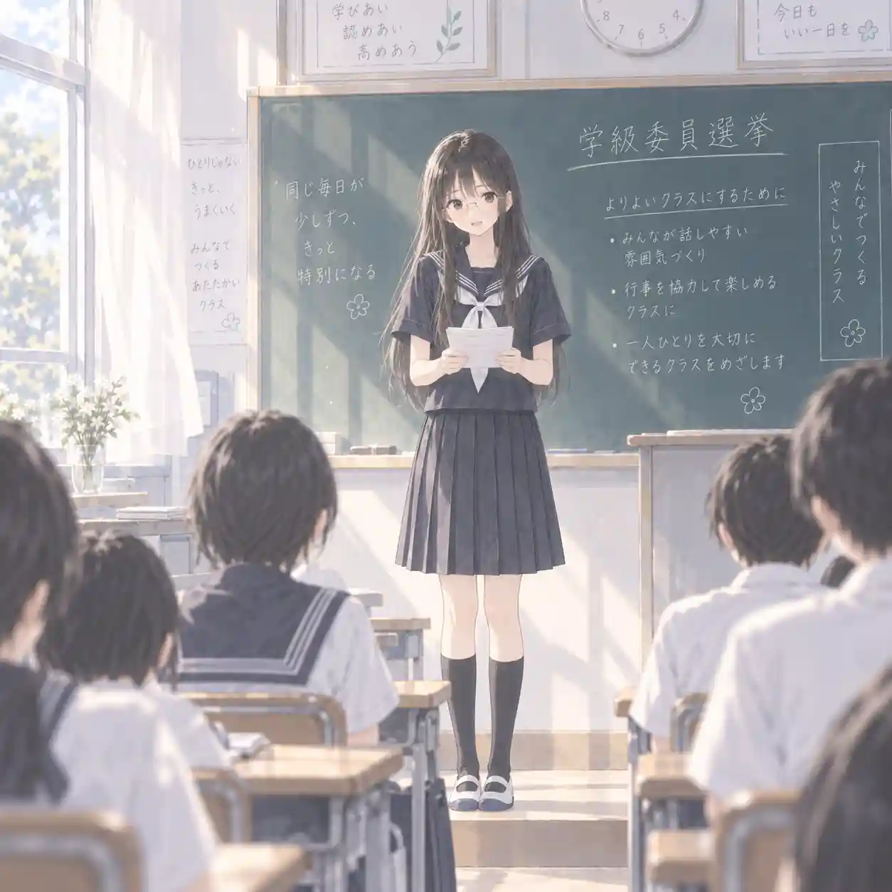 学級委員選挙でクラスの前に立ってスピーチする中学生の女子