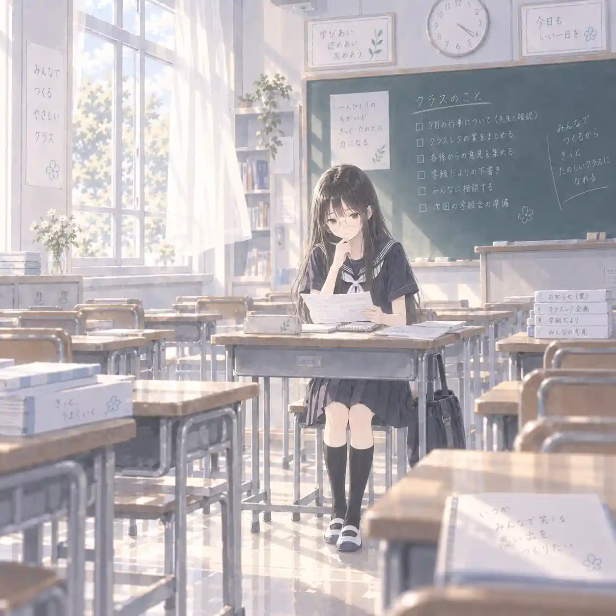 教室で学級委員の仕事について悩む中学生の女子