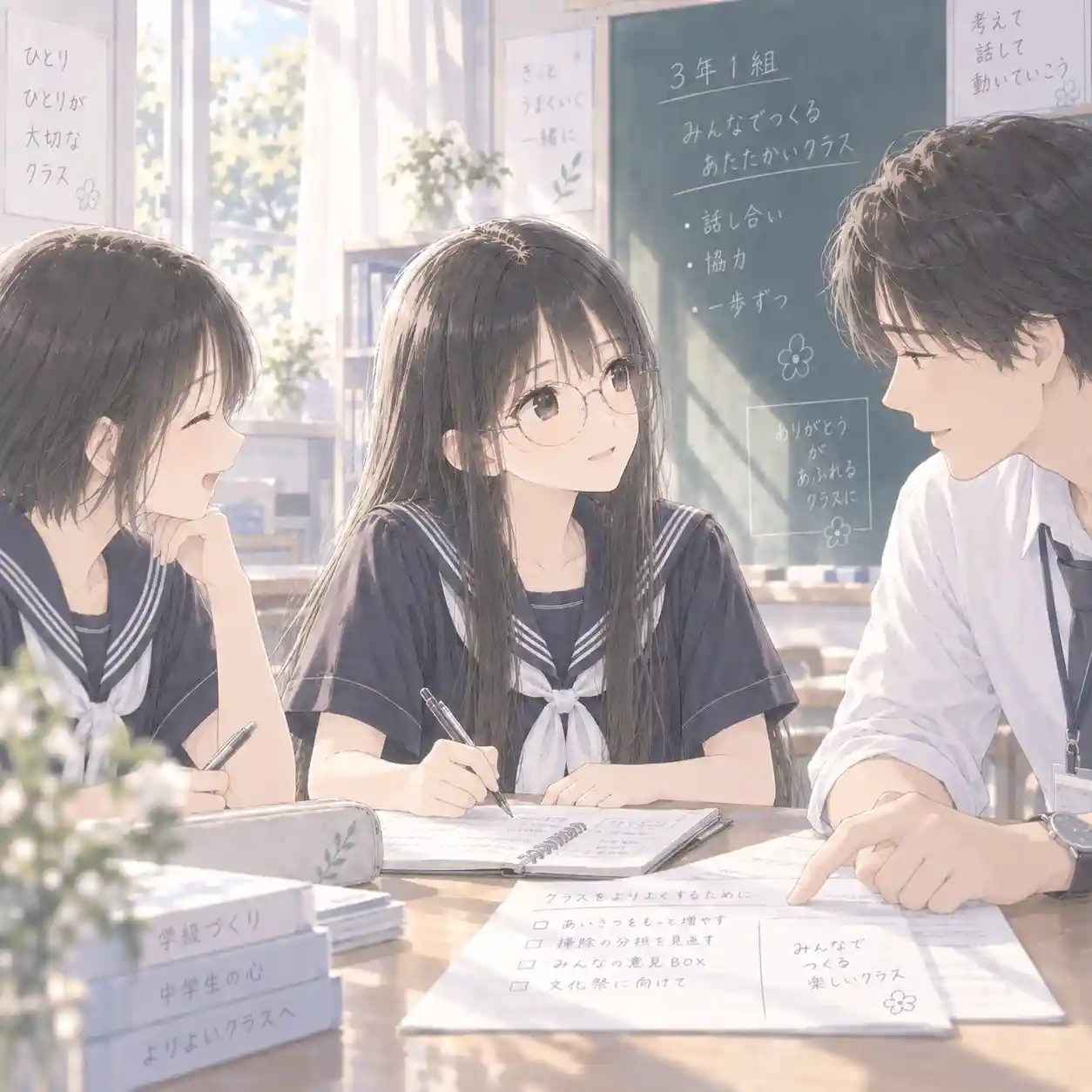 学級委員の仕事について先生や友達に相談する中学生の女子