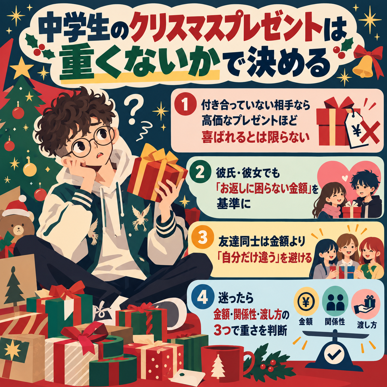 クリスマスプレゼントを前に迷う中学生男子と、金額・関係性・渡し方から「重くないか」を判断する4つのポイントをまとめたイラスト。
