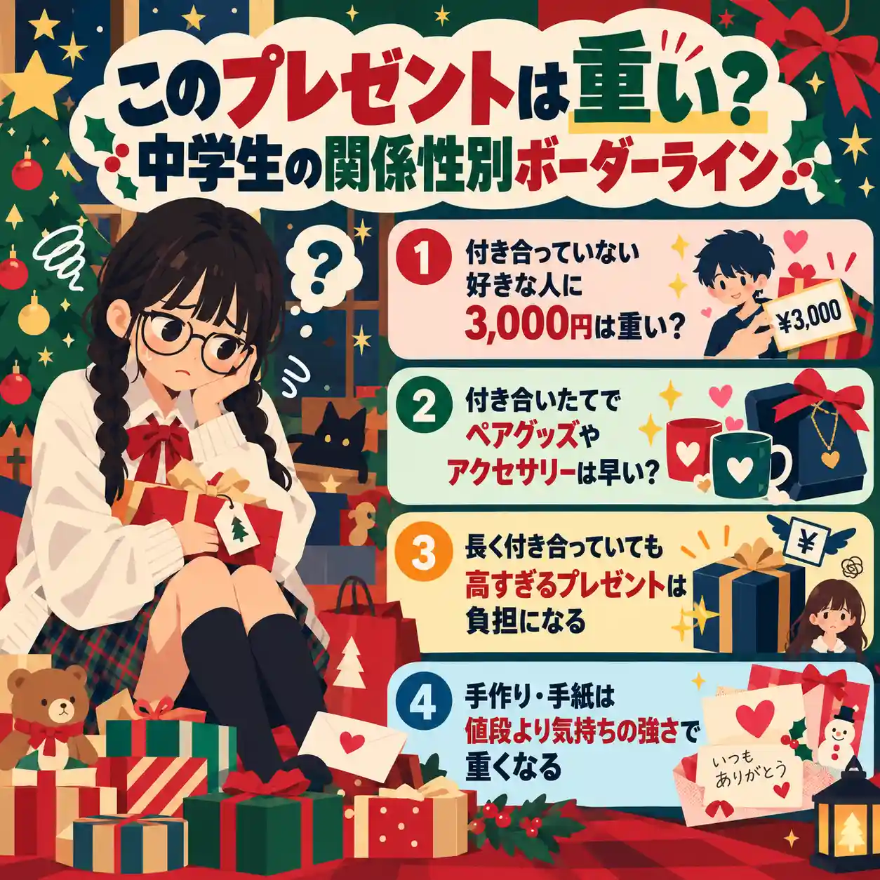もらったクリスマスプレゼントに戸惑う中学生女子と、関係性ごとに「重い」と感じやすいプレゼントのボーダーラインを4項目で整理したインフォグラフィック。