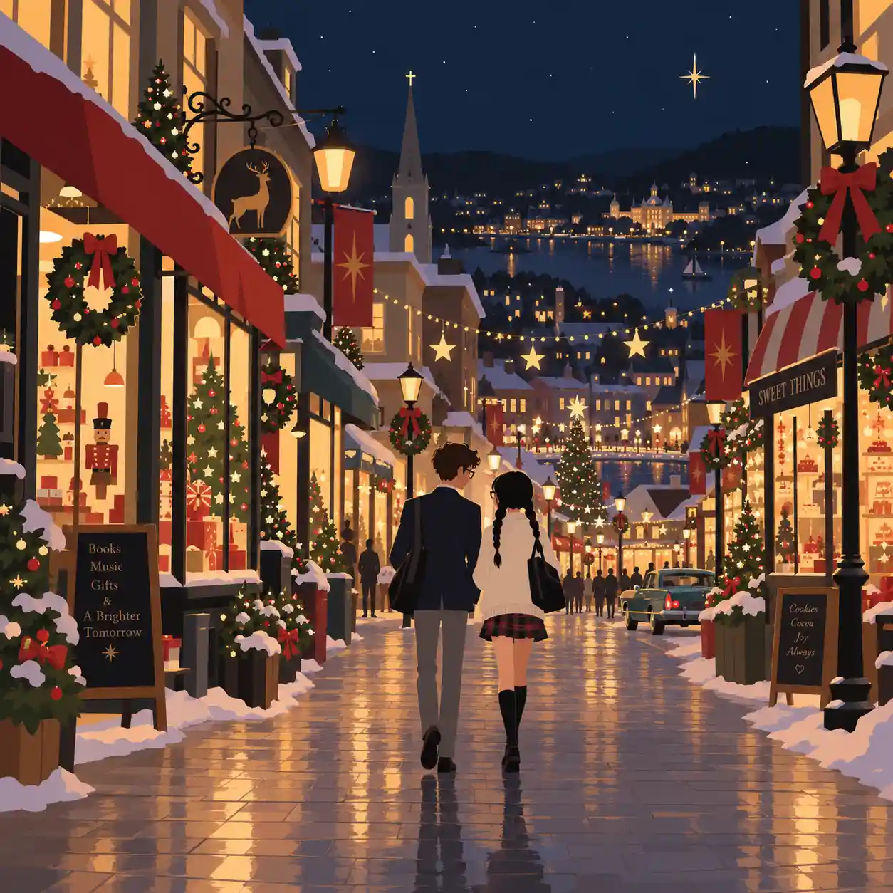 一緒にクリスマスの街を帰っていくカップル
