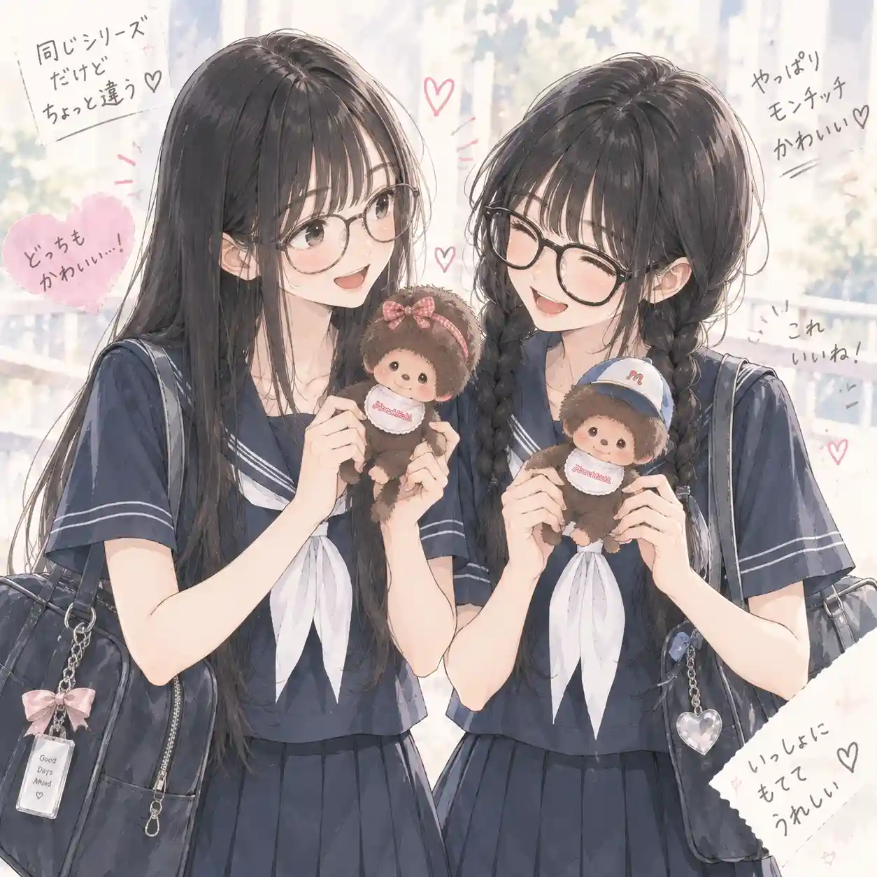 違うデザインのモンチッチを見せ合う女子中学生2人