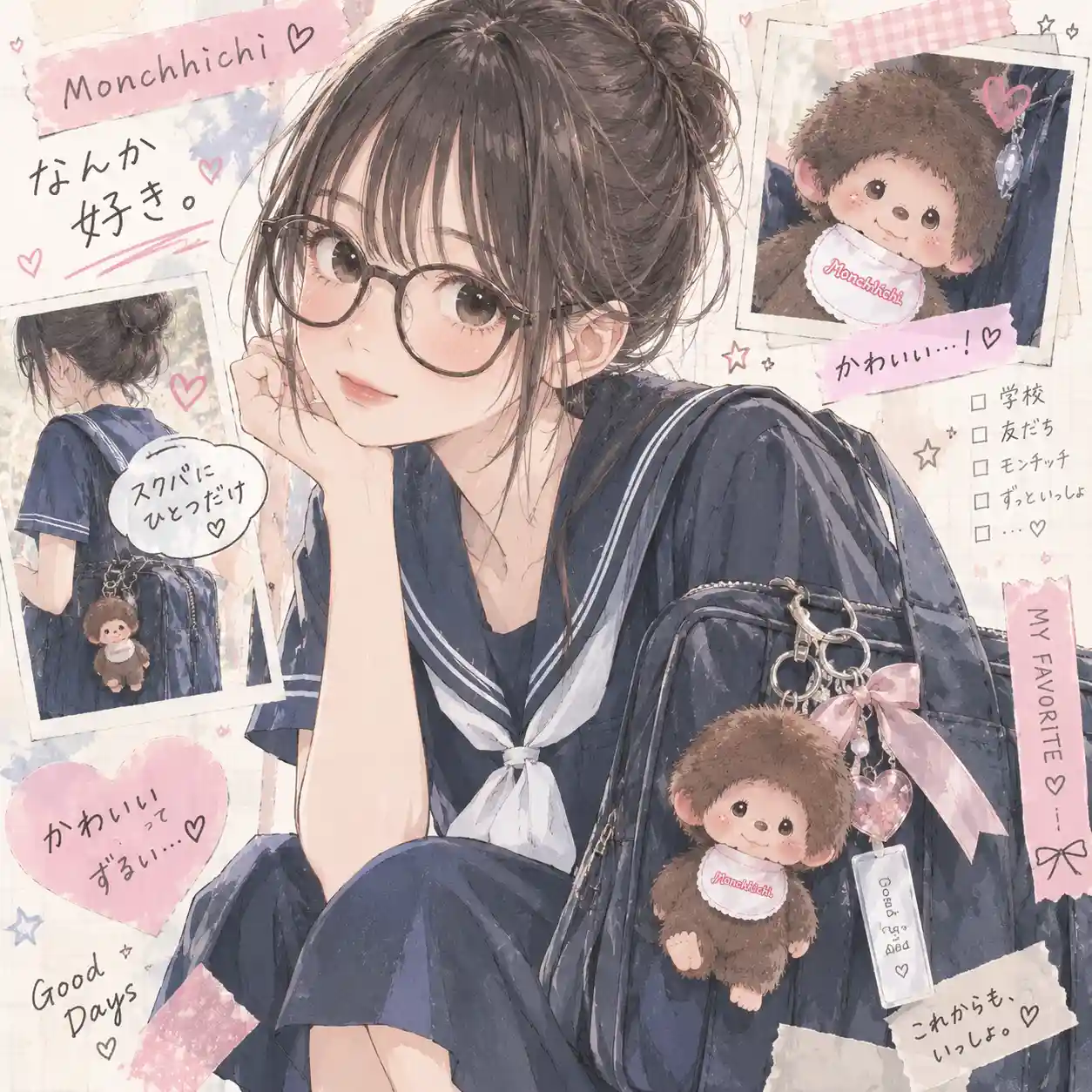 モンチッチを付けたスクールバッグと女子中学生