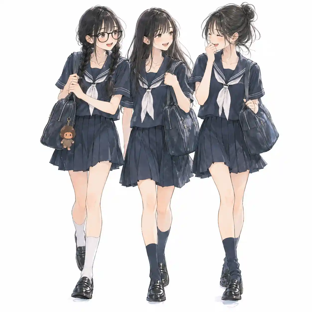 モンチッチを付けたスクールバッグを持つ女子中学生3人