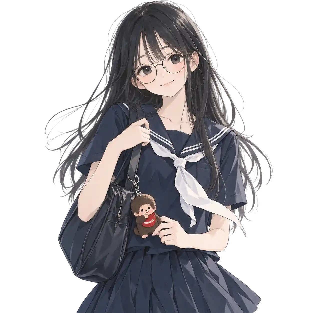 モンチッチを付けたスクールバッグを持つ女子中学生